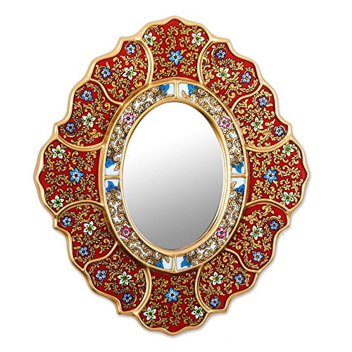 NOVICA Red Reverse Painted Glass Wood Wall Mounted Mirror with Blue and White Flowers 'Floral Crimson' NOVICA Red Reverse Painted Glass Wood Wall Mounted Mirror with Blue and White Flowers 'Floral Crimson'